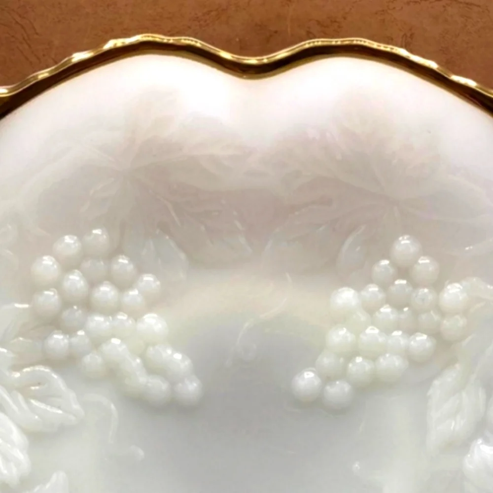 Vintage Anchor Hocking Milk Glass Grape Bowl Gold Trim Pedestal